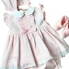 Round collar baby dress with checkered design and ruffles. Three little buttons on the chest and a tiny pink bow.  Paired with knicker and bonnet. 67%POLYESTER 33%COTTON-WOVEN Made in Spain Size: 3M