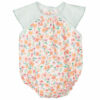One piece baby romper with pink peach green and coral flower print with green and white checkered capped sleeves on a white background.