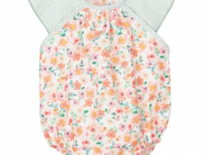 One piece baby romper with pink peach green and coral flower print with green and white checkered capped sleeves on a white background.