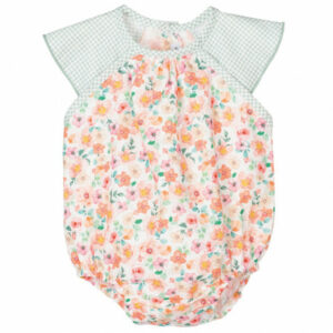One piece baby romper with pink peach green and coral flower print with green and white checkered capped sleeves on a white background.