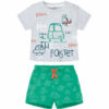 Such a handsome baby boy's summer set. Colorfully patterned with the cutest print featuring cars and a helicopter on a gray shirt with green shorts with printed vehicle design on a white background.