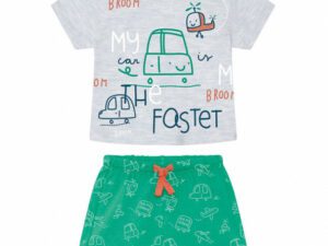 Such a handsome baby boy's summer set. Colorfully patterned with the cutest print featuring cars and a helicopter on a gray shirt with green shorts with printed vehicle design on a white background.