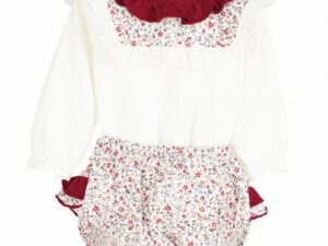 A beautiful infant cream colored top vintage looking, long sleeve, frilly maroon colored neckline blouse. Multi flowered knickers with two layers of ruffles. Also comes with a floral print detachable frilly collar on a white background.