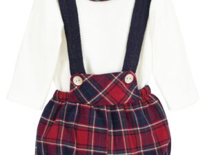 Cream colored long sleeve cable knit top with a red, navy blue, green and white gingham print trim with bib style button suspender romper in gingham print on a white background.