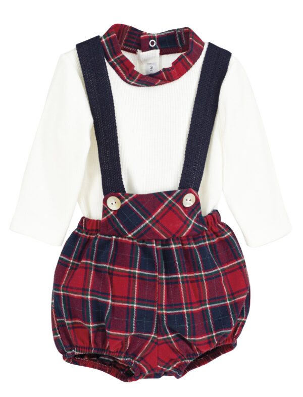 Cream colored long sleeve cable knit top with a red, navy blue, green and white gingham print trim with bib style button suspender romper in gingham print on a white background.