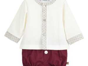Infant boys cream colored long sleeved top with a maroon floral patterned trim on the neck, wrists and buttoned down front with maroon colored jam pants with button on a white background.
