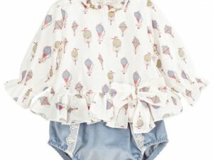 Long sleeve hot air balloon print blouse with a ruffled collar wrists and waist with bow. Light blue velvet knickers with lace trim on a white background