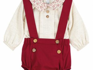 Baby boys cream colored long sleeve blouse with a flower print peter pan collar, maroon color suspender style romper on a white background.
