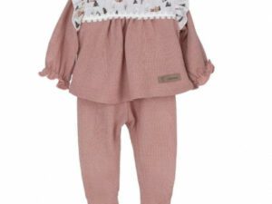 Girls long sleeve rose color top with a forest print on the shoulders with ruffle trim with rose colored gaiter on a white background.
