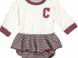 Baby girls long sleeve cream color top with a monogrammed letter C on the chest with a maroon color trim neckline and wrists with a maroon checkered print ruffled diaper cover on a white background.