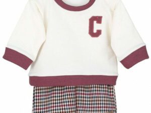 Baby boys long sleeve cream color top with a monogrammed letter C on the chest with a maroon color trim neckline and wrists with a maroon checkered print shorts on a white background.