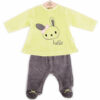 Yellow long sleeve velour material with an embroidered rabbit face with the word "hello" with gray velour gaiter pants with bows on a white background.