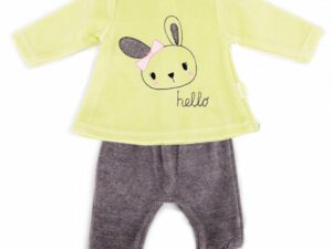 Yellow long sleeve velour material with an embroidered rabbit face with the word "hello" with gray velour gaiter pants with bows on a white background.