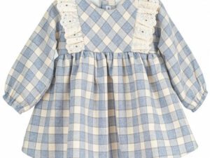 Baby girls long sleeve baby blue and cream checkered print dress with gathered wrists and eyelet ruffle trim on the shoulders on a white background.