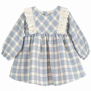 Baby girls long sleeve baby blue and cream checkered print dress with gathered wrists and eyelet ruffle trim on the shoulders on a white background.