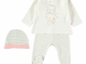 Three piece infant set, cream colored top with kitty cat design, and striped baby gaiters with a cap with pink trim on a white background.