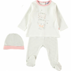 Three piece infant set, cream colored top with kitty cat design, and striped baby gaiters with a cap with pink trim on a white background.