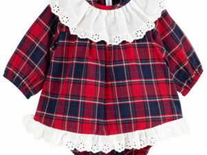 Baby girls scottish red tartan style print dress set with white eyelet ruffled collar and trim on a white background