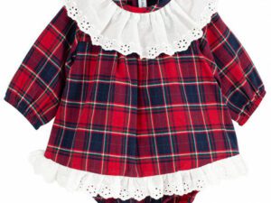 Baby girls scottish red tartan style print dress set with white eyelet ruffled collar and trim on a white background