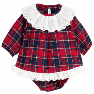 Baby girls scottish red tartan style print dress set with white eyelet ruffled collar and trim on a white background