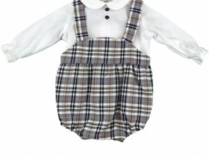 White long sleeve blouse with a peter pan collar and buttons with a bib style suspender black and white checkered suspender romper baby set on a white background