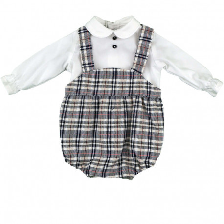 White long sleeve blouse with a peter pan collar and buttons with a bib style suspender black and white checkered suspender romper baby set on a white background