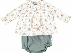 Two piece set with a long sleeve bear print blouse with a pocket on the chest and high neck. Paired with a soft green diaper cover with gathered legs on a white background.