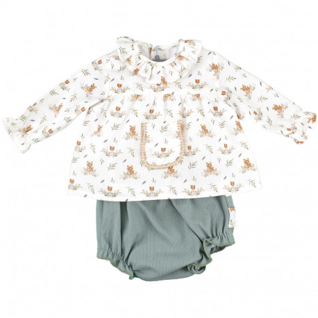 Two piece set with a long sleeve bear print blouse with a pocket on the chest and high neck. Paired with a soft green diaper cover with gathered legs on a white background.
