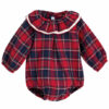 Baby romper has the cutest double frilled collar layered in ruffles, a rich and bold style red gingham checkered balloon style outfit on a white background.