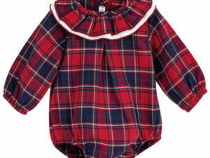 Baby romper has the cutest double frilled collar layered in ruffles, a rich and bold style red gingham checkered balloon style outfit on a white background.