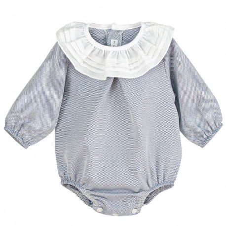 Long sleeve balloon style light blue baby romper with a wide white ruffled collar gathered wrists and button opening on the bottom on a white background.