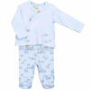 Newborn baby blue side button top with pocket and zebra print with zebra print gaiters on a white background.