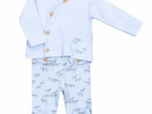 Newborn baby blue side button top with pocket and zebra print with zebra print gaiters on a white background.