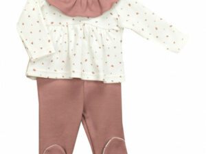 Newborn baby cream colored top with rose colored heart print design with a rose color ruffled collar and gaiter on a white background.