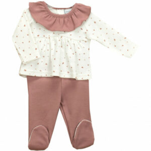 Newborn baby cream colored top with rose colored heart print design with a rose color ruffled collar and gaiter on a white background.