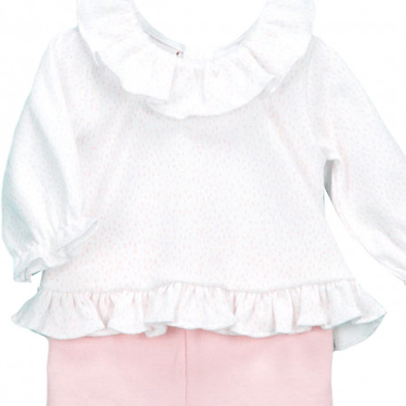 This soft rain frill baby gaiter set is trimmed with sweet little ruffles and a dainty pink dotted print with cute little pink gaiter pants.