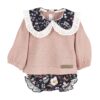 Baby girls long sleeve rose color top with a flower print puritan collar with lace trim and flower print diaper cover on a white background.