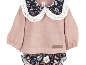 Baby girls long sleeve rose color top with a flower print puritan collar with lace trim and flower print diaper cover on a white background.