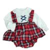 Baby girls white long sleeve blouse with a ruffled collar and wrists criss cross black ribbon design on the chest with a red, black and white gingham print overall ruffled dress on a white back ground.