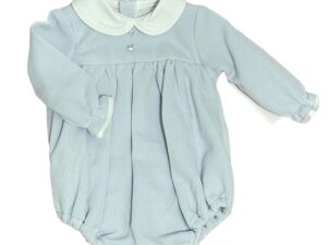 Long sleeve baby blue romper with a white peter pan collar, white ruffle trimmed wrists. gathered material at the chest and legs in a baby blue color with buttons on a white background
