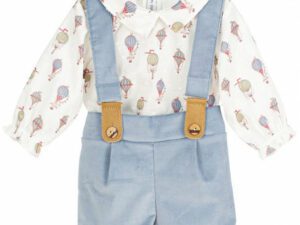 Long sleeved white blouse with hot air balloon printed design, peter pan collar and light blue velvet romper shorts with suspenders on a white background
