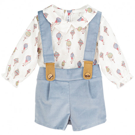 Long sleeved white blouse with hot air balloon printed design, peter pan collar and light blue velvet romper shorts with suspenders on a white background