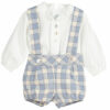 Long sleeved button down blouse with a cream and light blue checkered design print overalls on a white background