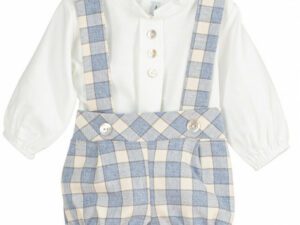 Long sleeved button down blouse with a cream and light blue checkered design print overalls on a white background