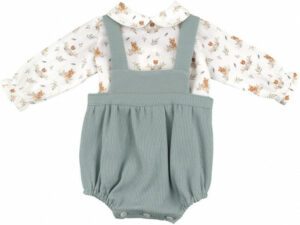 Long sleeve teddy bear printed blouse with a peter pan collar and teal colored suspender and bib style romper set on a white background