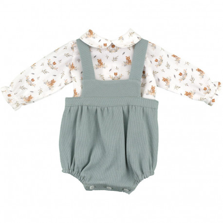 Long sleeve teddy bear printed blouse with a peter pan collar and teal colored suspender and bib style romper set on a white background