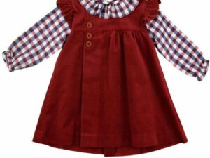 Rich red corduroy dress with a ruffled collar and a long sleeved checkered blouse with a ruffled collar on a white background