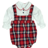 White long sleeved blouse with a peter pan collar red trim and button decoration with a red, black and white plaid design bib overalls romper on a white background.