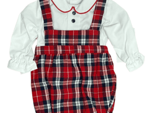 White long sleeved blouse with a peter pan collar red trim and button decoration with a red, black and white plaid design bib overalls romper on a white background.