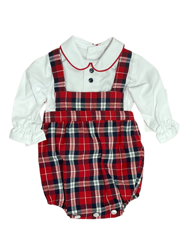 White long sleeved blouse with a peter pan collar red trim and button decoration with a red, black and white plaid design bib overalls romper on a white background.